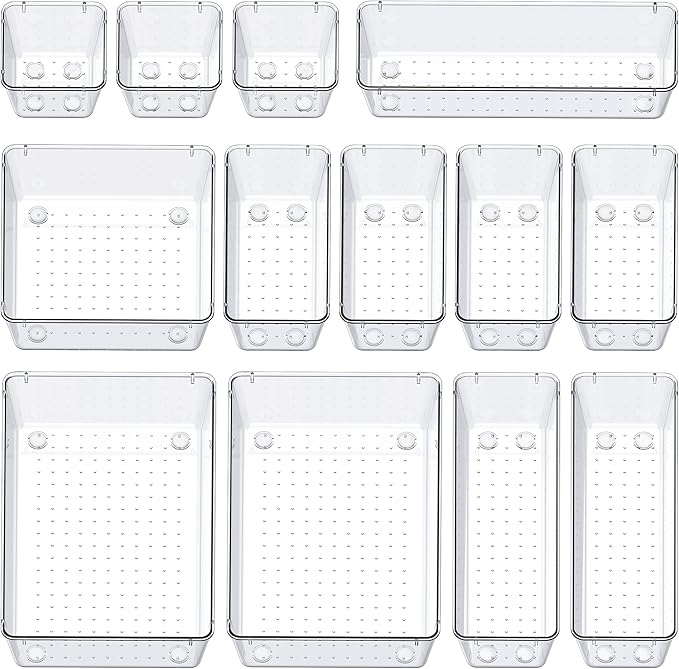 SMARTAKE 13-Piece Drawer Organizers with Non-Slip Silicone Pads, 5-Size Desk Bathroom Drawer Organizer Trays Storage Tray for