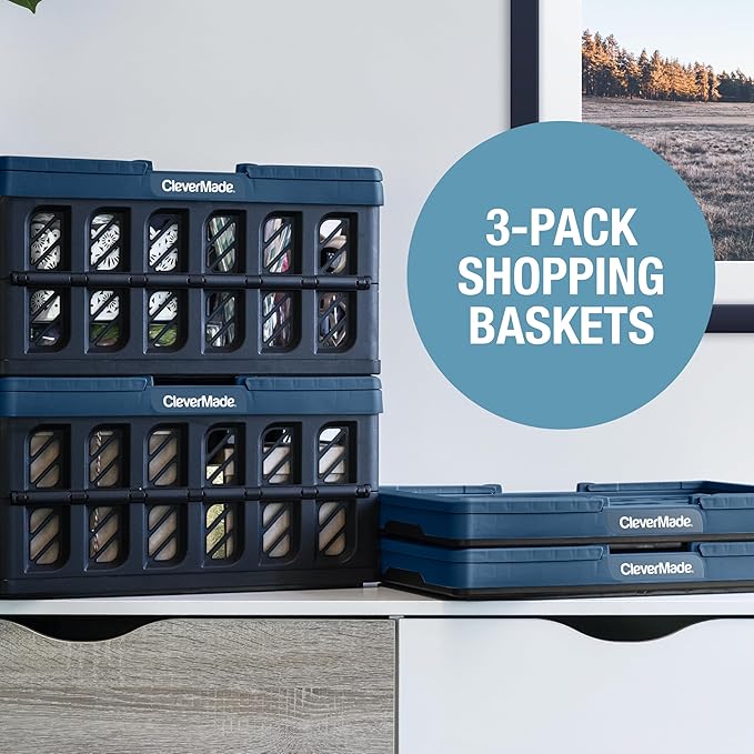 CleverMade Collapsible Shopping Basket with Handles - 24L 3 Pack Collapsible Grocery Tote, Plastic Storage Baskets Fold Flat, S