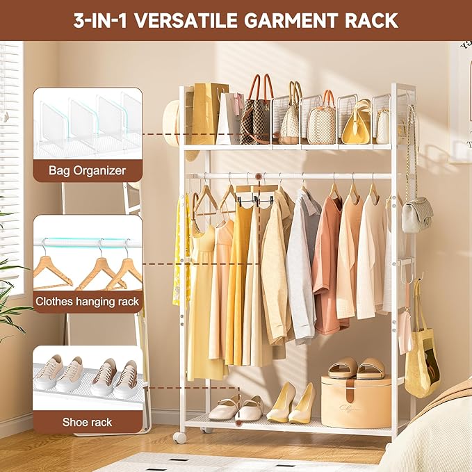 Portable Clothes Rack with Adjustable Shelf Divider, Freestanding Closet Organizers and Storage, Garment Rack and Purse Stora