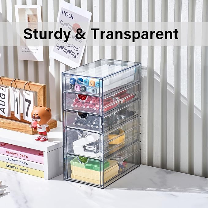 Prsildan Acrylic Drawer Makeup Organizer with 5 Drawers, Hair Accessories Organizer, Office Desk Organization, Clear Stackabl