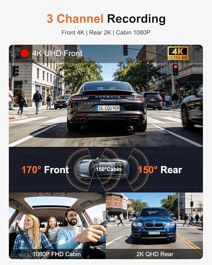 3 Channel 4K Dash Cam with STARVIS 2 Sensor, Free 128GB Card and WiFi 6 up to 20MB/s, Dash Camera for Cars with Front Rear In