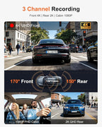 3 Channel 4K Dash Cam with STARVIS 2 Sensor, Free 128GB Card and WiFi 6 up to 20MB/s, Dash Camera for Cars with Front Rear In