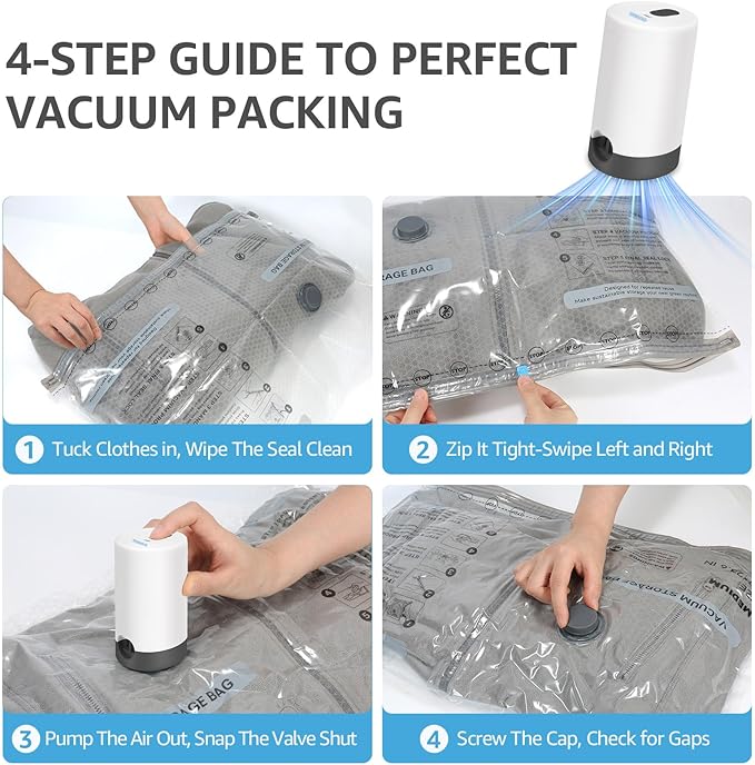 6 Packs Vacuum Bags for Travel with Rechargeable Pump, 3 Sizes Vacuum Seal Bags for Clothing, Compression Vacuum Travel Bags 