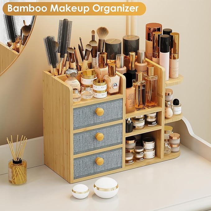 Large Makeup Organizer For Vanity, Large Capacity 3 Tiers Bamboo Bathroom Counter Organizers and Storage, Countertop Makeup B