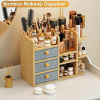 Large Makeup Organizer For Vanity, Large Capacity 3 Tiers Bamboo Bathroom Counter Organizers and Storage, Countertop Makeup B