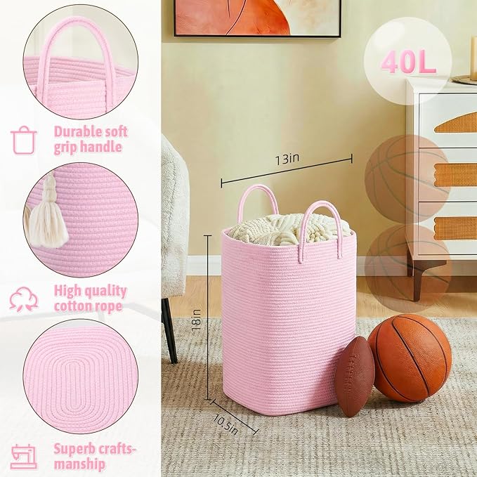 Artfeel Laundry Basket,Woven Cotton Rope Laundry Hamper,40L Versatile Storage for Dirty Clothes,Baby Toys,and Blankets in Bat