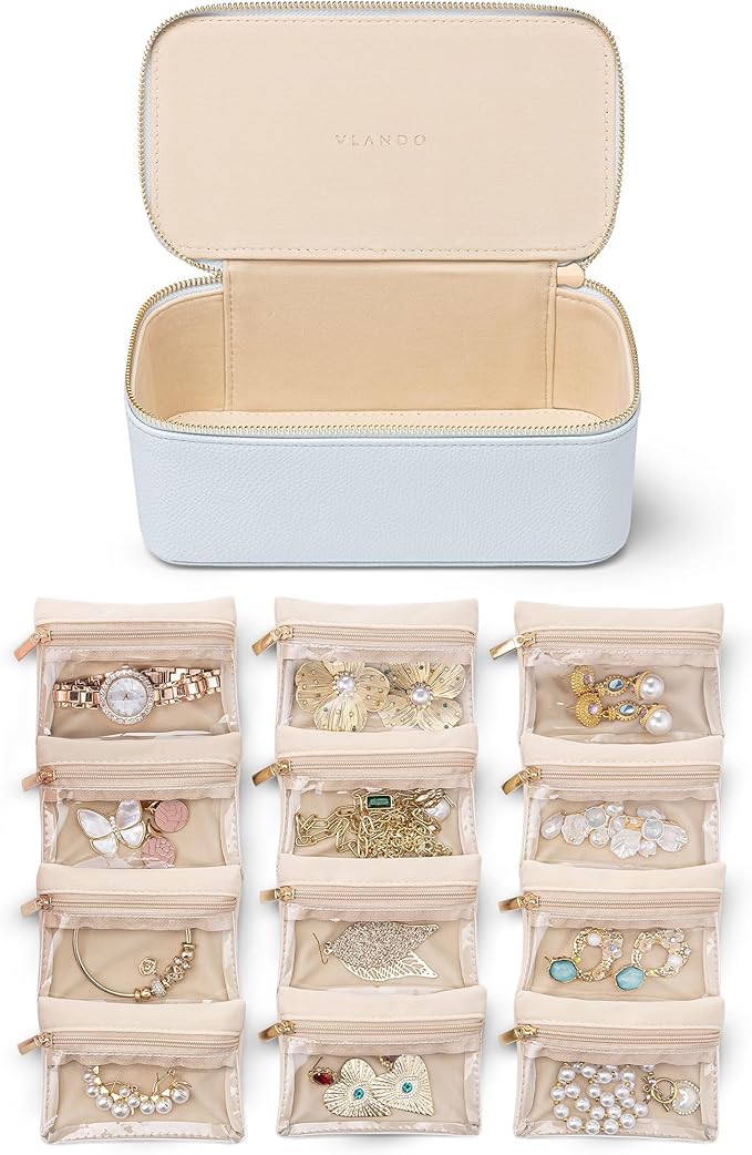 Vlando Travel Jewelry Case Organizer,Small Jewelry Box with 12 Velvet Jewelry Storage Pockets,Christmas Gift Ideas for Bride 