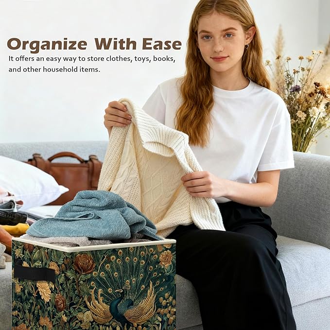 Peacock Floral Storage Box Bins, Vintage Cottagecore Wildflower Peacock Collapsible Storage Basket Organizer for Bedroom Laun
