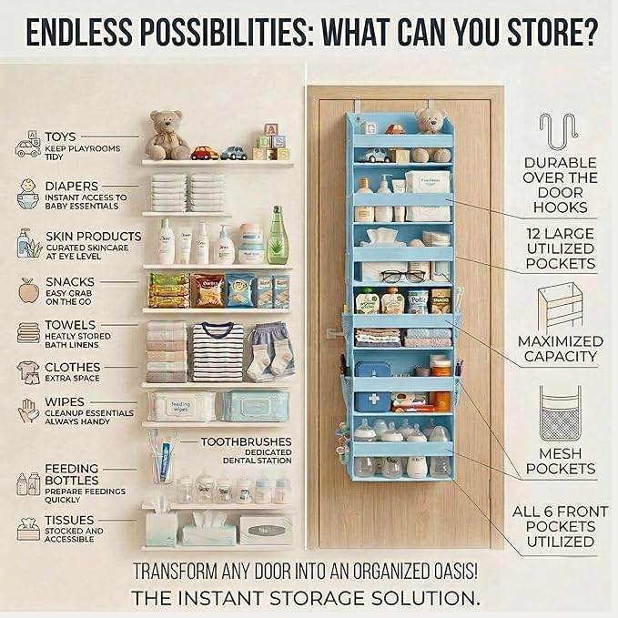 HOMELUX THEORY UPGRADED 6 Tiers Over The Door Organizer Hanging - 100D EXTRA THICK & 50lbs HUGE CAPACITY, 12 Side Mesh Pocket