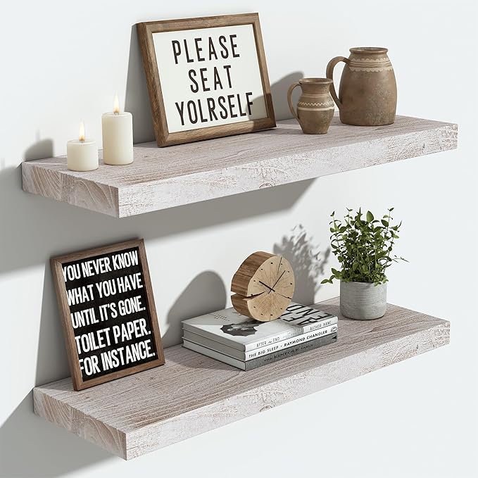 Vivelove Elm Floating Shelves for Wall Solid Wood, 24 Inches Long Rustic Wall Shelf with Invisible Bracket for Living Room Be