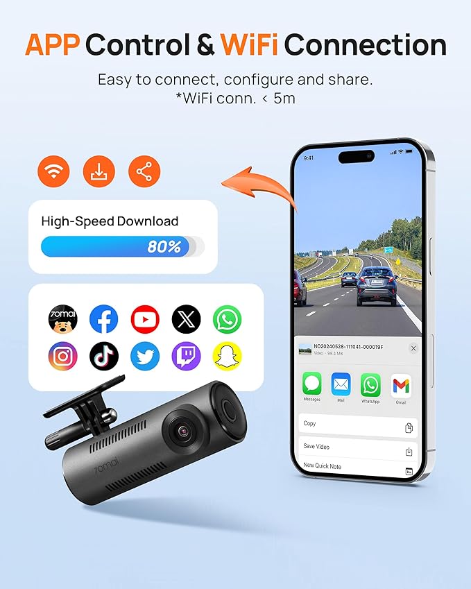 70mai Dash Cam M310, Dash Camera for Cars 1296P QHD, Smart Dash Cam Front Built in WiFi, 130° Wide-Angle FOV, WDR, Night Visi