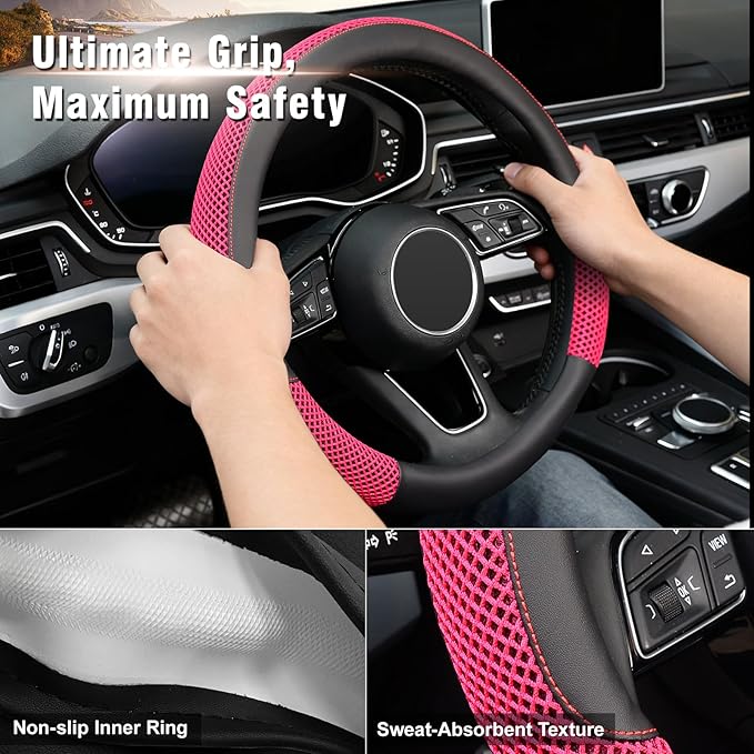 KAFEEK 15 inch Steering Wheel Cover, Cooling Ice Silk Mesh with Microfiber Leather, Heat Resistant, Breathable, Anti-Slip, Su