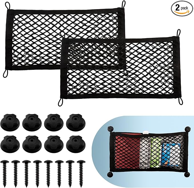 2 Pack Small Cargo Net Pocket Storage Pouch Bag 21 x 9.8 Inches RV Netting Elastic Automotive Cargo Nets with 8 Mounting