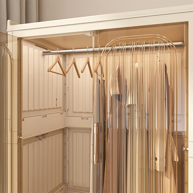Portable Wardrobe Closet Storage Organizer, Plastic Collapsible Closet Organizer with Transparent Magnetic Door, for Living R