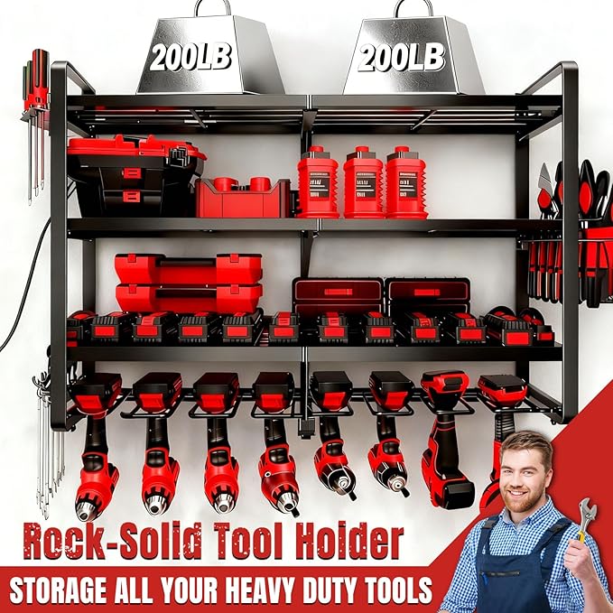 Large Power Tool Organizer Wall Mount, 4 Layer Heavy Duty 8 Cordless Drill Holder Tool Storage Rack, Load 400lbs Utility Powe