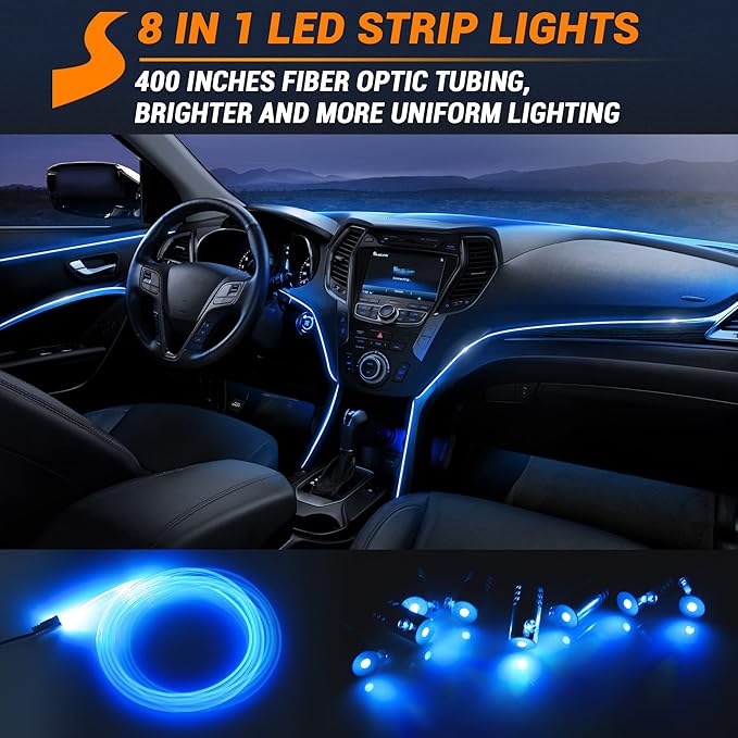 Interior Car LED Strip Lights 400 inches Fiber Optic tubing USB Powered RGB 8 in 1 Car Neon with Wireless APP and Remote Control, Ambient Lighting Kits 16 Million Colors,Sync to Music