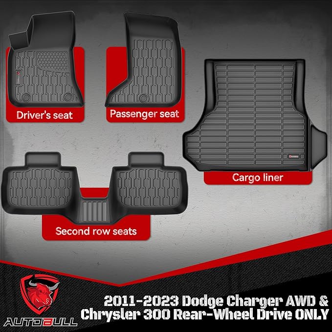 Floor Mats & Cargo Liner Compatible with 2011-2023 Dodge Charger AWD & Chrysler 300 All-Wheel Drive ONLY Cargo Mat, Full Set All Weather Protection 1st, 2nd Row Car Liners & Trunk Mat, Black