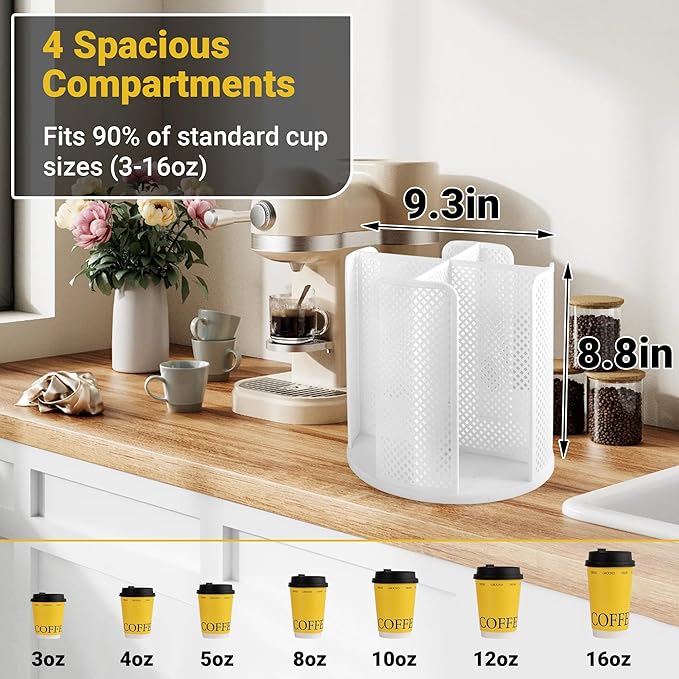 4-Compartment Rotating Paper Cup Holder & Coffee Cup Lid Storage Dispenser, Plastic Cup Dispenser Removable, Space-Saving Cou