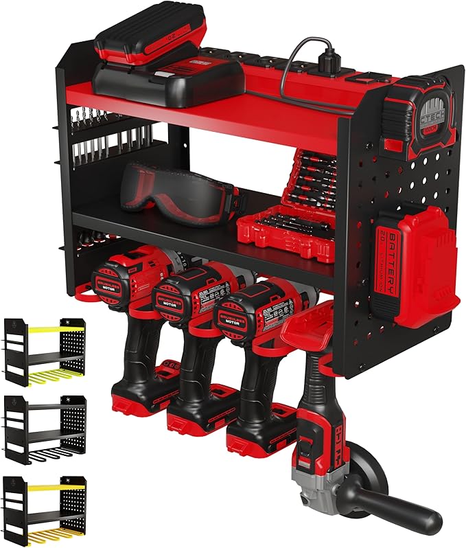 BUILTSTRONG Power Tool Organizer Wall Mount - 3-Tier Heavy-Duty Metal Hand Tool Storage Rack, Utility Racks, Drill Holder, Pe