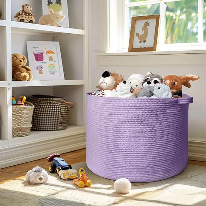 MEGASKET 115L Extra Large Purple Storage Basket, 23.6" X 15.7" Jumbo Woven Cotton Rope Bin for Throw Blankets Pillows, Baby L