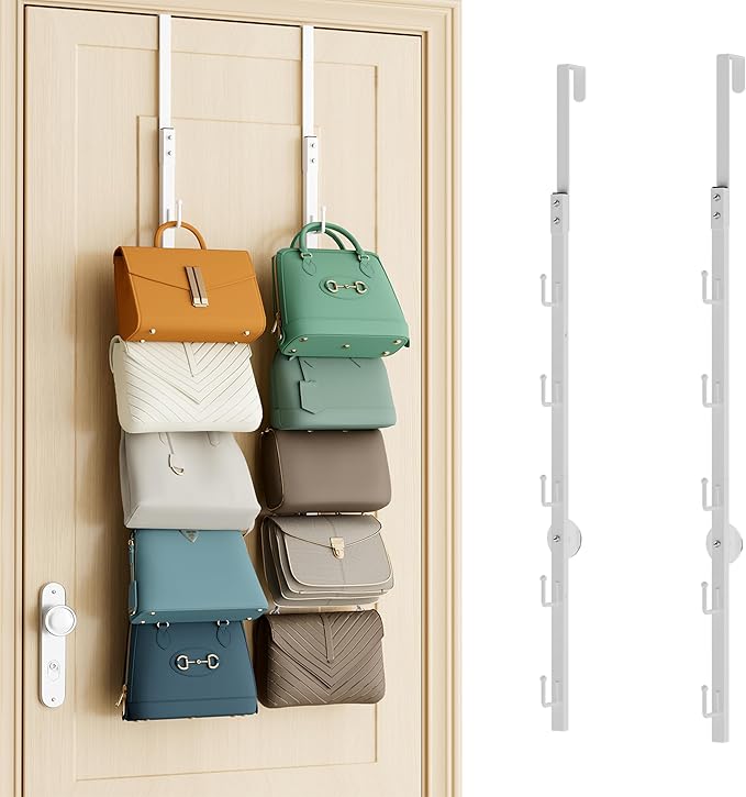 SWTYMIKI Over the Door Purse Organizer - 2 Packs Wall Mounted Purse Rack with 5 Hooks Design, Hanging Handbag Organizer Stora