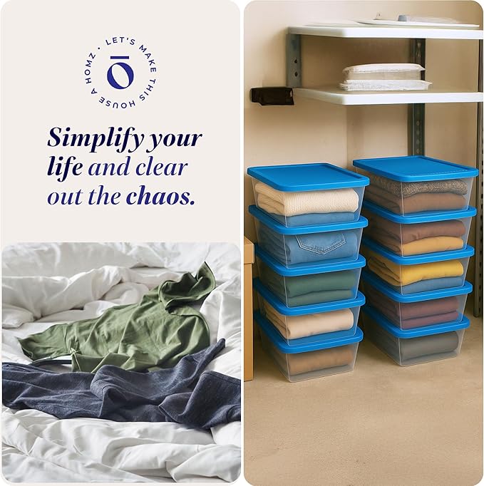 HOMZ 10-Pack Snaplock, Small Clear Plastic Storage Organizer Bins w/Lids, 6 Quart, Blue - Stackable Container Boxes for Bedro