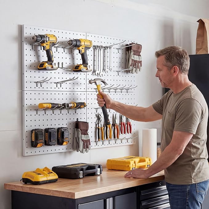 4 Pack Metal Pegboard Panels with 50 Hooks, White Pegboard Wall Organizer, Pegboard Accessories, Heavy Duty Garage Tool Stora