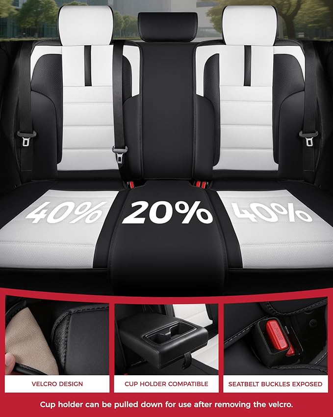 FREESOO Black White Car Seat Covers Full Set - Faux Nappa Leather Seat Covers for Cars, with Front Seatbelt Pads, Cute Breath