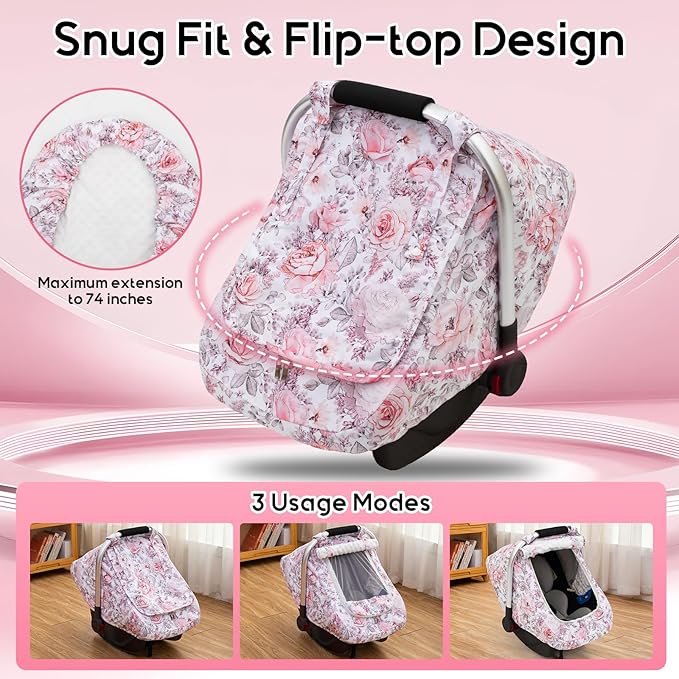 Car Seat Cover Baby Girls, Mink Dot Carseat Covers for Newborn with Breathable Mesh and Sun Shade Window, Warm Stretchy Infan