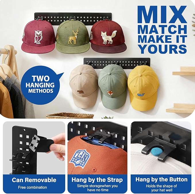 2 Pack Hat Hook Organizer for Baseball Caps, Hat Hanger Holder for 20 Caps, Wall Hat Rack with Strong Adhesive, Multilayer Ca
