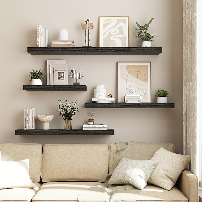 Dreamland 55 Inch Black Floating Shelves for Wall,8 Inch Deep Floating Shelves,55" W x 8" D Wall Shelves for Bedroom,Living R