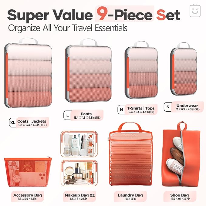 Veken 9/11 Set Compression Packing Cubes for Travel Essentials,Compressible Expandable Large Luggage Suitcase Organizer Bags 