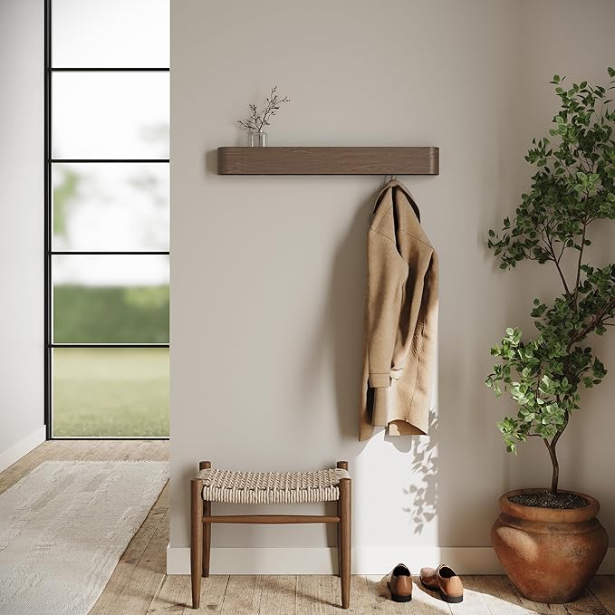 Kazai. Wall-Mounted Coat Rack 'Toke' - Modern Design Coat Rack with Hidden Wall Hooks - Solid Wood Veneer Panel Coat Hanger -