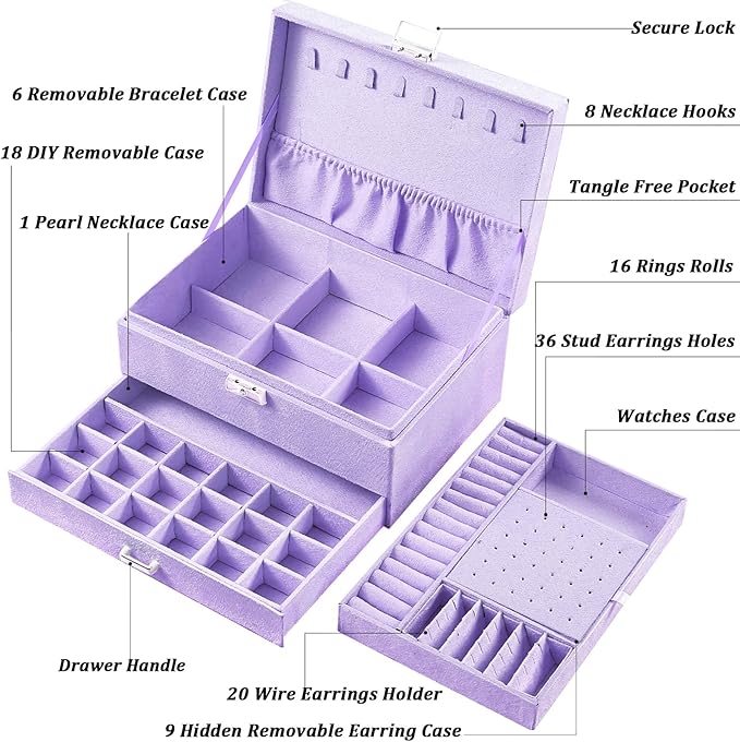 QBestry 3-Layer Jewelry Box for Girls & Teens with Lock and Key, Large Jewelry Organizer with 8 Necklace Hooks & 56 Earring H