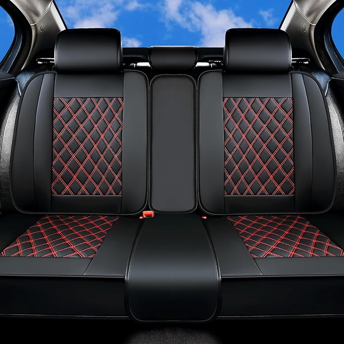 Huidasource Rear Bench Car Seat Covers, Split Back Leather Seat Cover Velcro Adjustable, Compatible with Armrests, Seat Belts