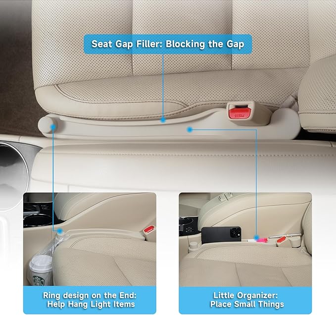 Car Seat Gap Filler Set of 2, 3IN1 Seat Side Gap Filler Plug with Storage Slot & Hook Function, Soft Foam Universal Fit Car SUV Truck Fill Gap Between Seats Console Organizer（Narrow Ivory）