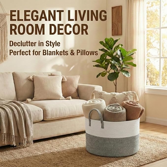 JMvicyroam 65L Extra Large Blanket Basket for Living Room - Woven Cotton Rope Laundry Hamper with Reinforced Handles - Storag