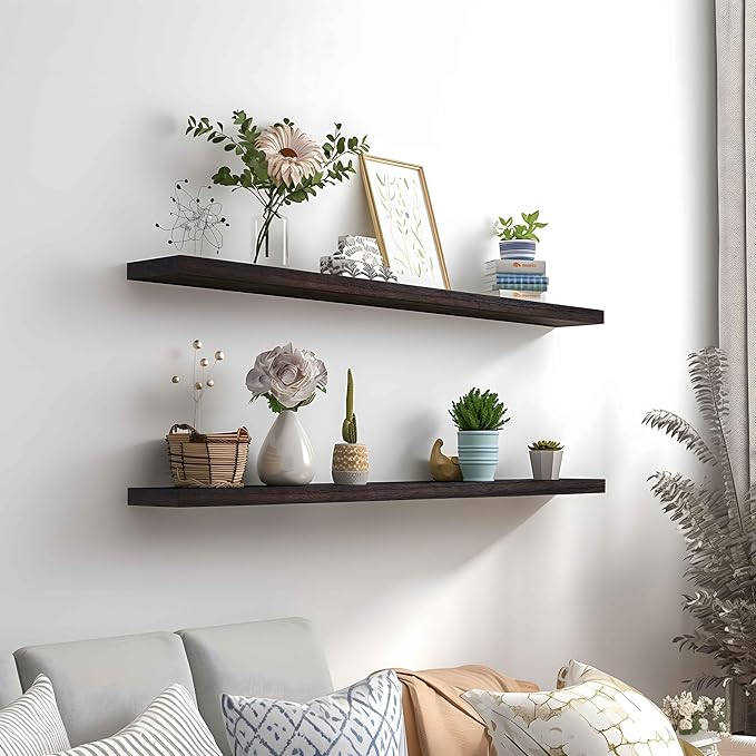 PHPH 48 Inch Wood Floating Shelves for Wall, Wooden Wall Shelves for Bedroom, Set of 4 Brown
