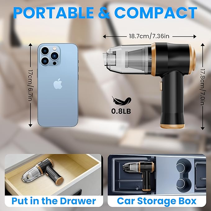 Mini Car Vacuum 15000Pa Portable Cordless Handheld Vacuum Cleaner and Air Duster with 2 Filter for Car, Sofa, Office, Pet, Ho