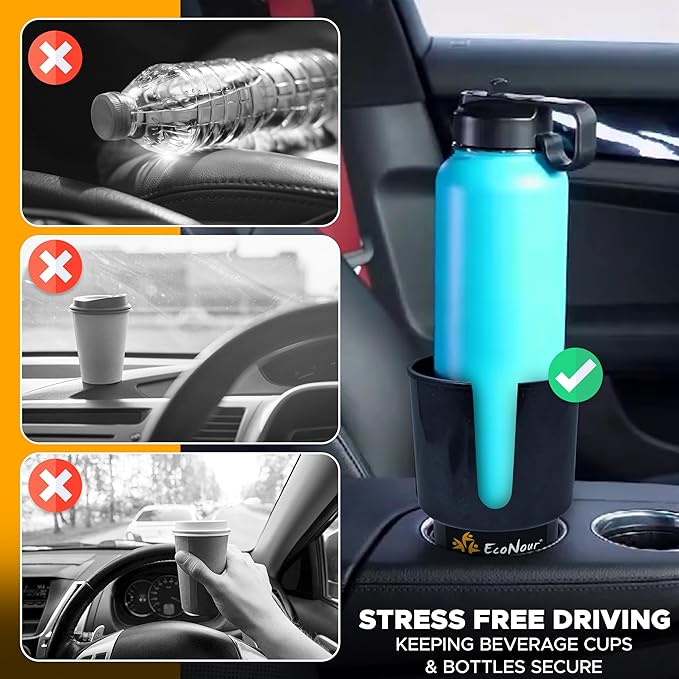 EcoNour Car Cup Holder Expander | Fits 32/40 oz Hydro Flasks, Yeti, Nalgene & Large Bottles up to 3.8" | Universal Cup Adapte