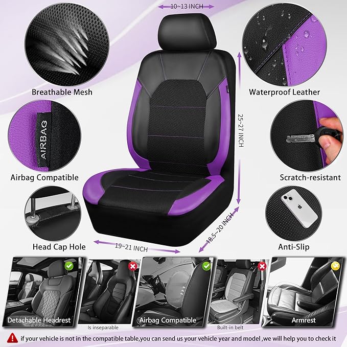 CAR PASS Leather Car Seat Covers Front Seats only, with Air Mesh Front Seat Covers Breathable, Cool Automotive Seat Covers 2 
