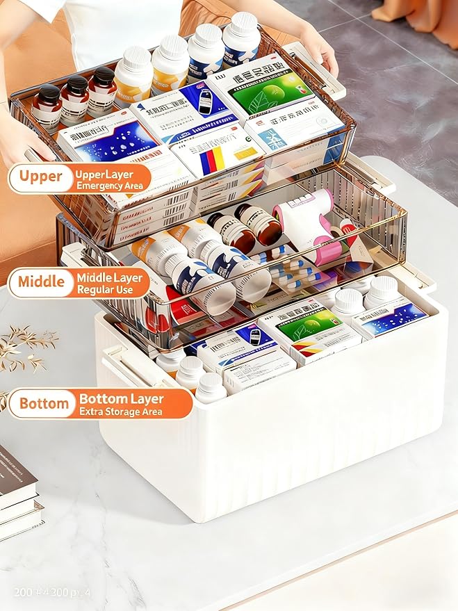 3-Tier Medicine Storage Box Cabinet, Portable Medicine Cabinet with Plastic Handle, Multipurpose Medical Box with 7 Individua