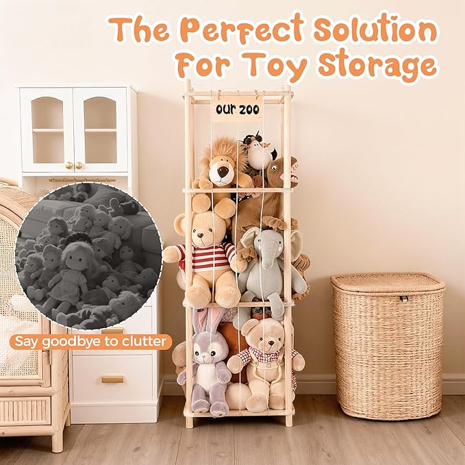 LAMU Stuffed Animal Storage, Wooden Zoo Stuffed Animal Holder with Elastic Cords, Space Save Toy Organizer, Extra Large Capac