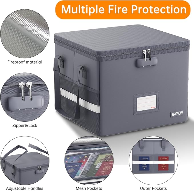 ENGPOW 5200°F File Box Fireproof Document Box with Lock,Heat Insulated Collapsible File Storage Organizer Box with Handle,Por