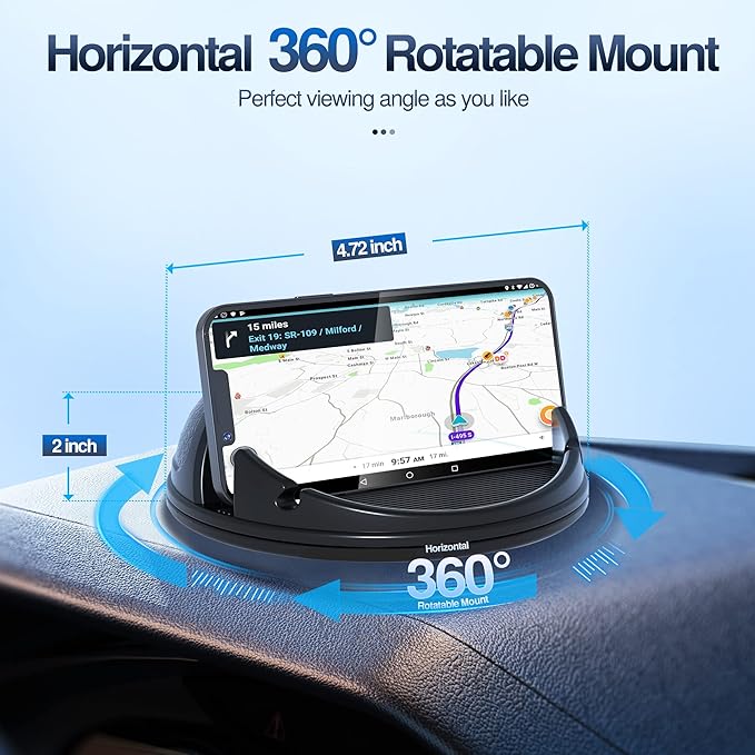 Loncaster Car Phone Holder Mount, [Horizontal 360° Rotatable] Silicone Phone Mount for Car Dashboard, Hands Free Cell Phone Holder Car Compatible with iPhone 16 15 14 13 12 Pro Max Samsung Phones
