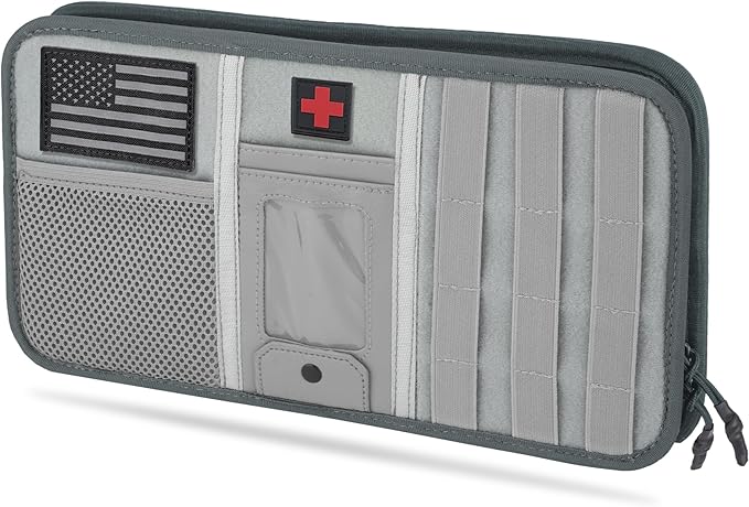 Molle Car Sun Visor Organizer, Tactical Visor Organizer with Zipper Pocket, Glasses Clip & ID Card, Semi-Rigid Molle Panel for Police Gear & Overlanding Accessories, Fit Trucks, SUVs, Jeeps, Gray