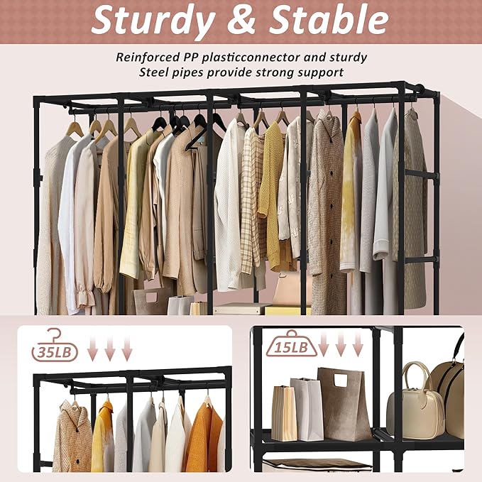Wardrobe Closet, Quick and Easy Assembly, Black Large Capacity Portable Closet with 4 Hanging Rods 8 Storage Shelves and 8 Si