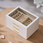 pickpiff Jewelry Box Organizer Case for Women: 3-Layer Jewelry Storage Case with Glass Window, Pure White Leather with Velvet