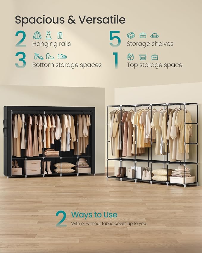 SONGMICS Portable Closet, Wardrobe Closet Organizer with Cover, 5 Hanging Rods and Shelves, 4 Side Pockets, 17.7 x 83 x 65.7 