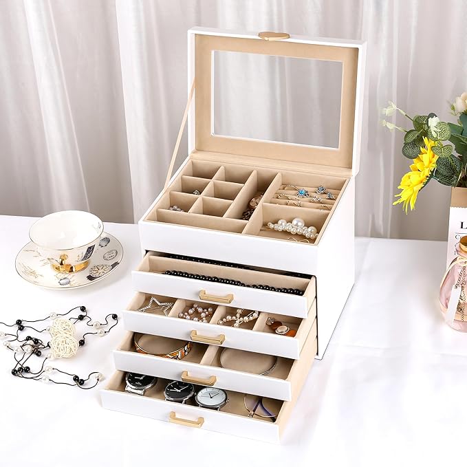 Kendal Jewelry Box, 5-Layer Jewelry Organizer Box with Glass Lid, Brass Gold and White, Heart Shaped PU Leather, Storage Box 
